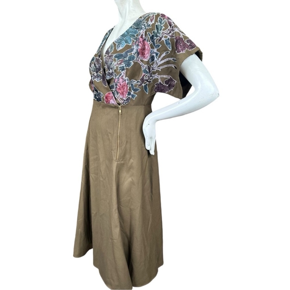 Anthropologie Hemant + Nandita Olive Green & Velvet Floral Short Sleeve Dress 6 - Picture 9 of 14